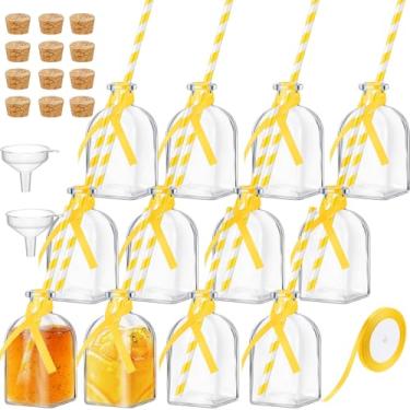 Imagem de Baderke 12 garrafas de 118 ml com cortiça e palha, mini garrafa de vidro vazia para bebidas, garrafas de licor reutilizáveis com fita de seda e funis para coquetéis, festas de casamento (amarelo)