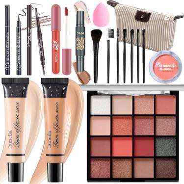 Imagem de YBUETE Conjunto de maquiagem para meninas e mulheres, kit de rosto inteiro, kit de viagem, conjunto de presente, sombra, base, blush, delineador, brilho labial, pincéis de maquiagem e bolsa de esponja