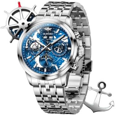 Imagem de OUPINKE Relógio de pulso masculino automático, automático, mecânico, luxuoso, original, cristal de safira, aço de tungstênio, G3256: Pulseira prata e mostrador azul, Presente de festa clássico casual