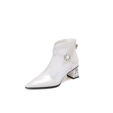 Imagem de TinaCus Bota feminina feita à mão de couro e malha, bico fino, strass, zíper nas costas, salto bloco, Bege, 5