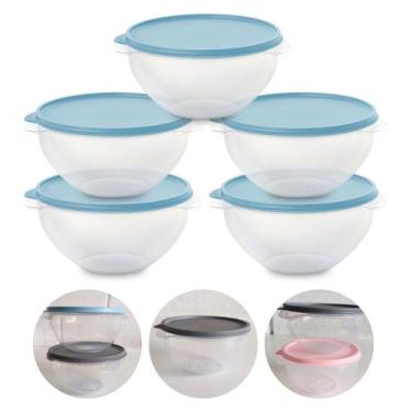 Imagem de Kit 5 Pote de Plástico Hermético 1L Marmita C/ Tampa Bowl Redondo Tije