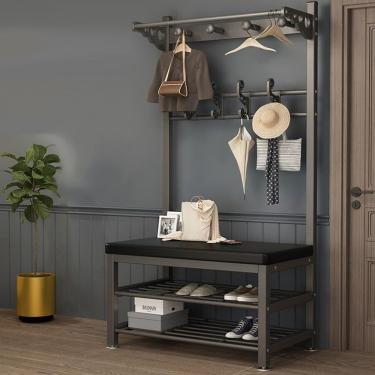 Imagem de Suporte De Cabideiro De Metal Com Sapateira, Árvore De Casacos Moderna Com 10 Ganchos E Sapateira De 2 Andares, Árvore De Hall De Entrada 4 Em 1 Com Porta De Armazenamen, Black, 60X33X172CM