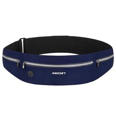 Imagem de GUZACK Cinto de corrida fino para celular de 16 cm, cintos de corrida ultraleves para mulheres/homens, zíper impermeável, pochete refletiva para corrida com 3 bolsas separadas, Azul escuro, Medium,