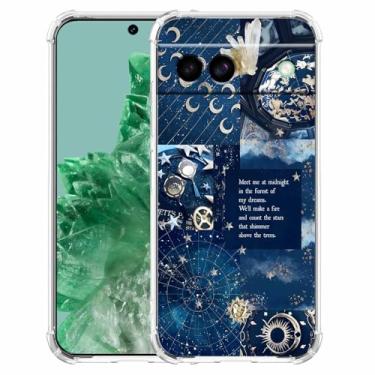 Imagem de AOSSXIN Colagem vintage celestial sol lua estrela, padrão de constelação espacial, capa protetora de TPU macio moderno para Google Pixel 8a transparente