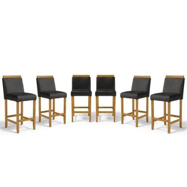 Imagem de Kit Com 6 Banquetas Eloá Madeira Maciça Assento Estofado Para Bancada Courino Preto 503