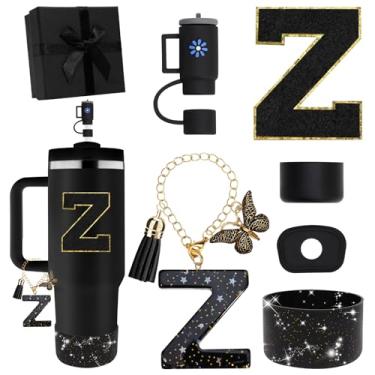 Imagem de Miglaja Acessórios pretos para copos Stanley 850.5 g 1,134.0 g, todos os acessórios caixa de presente contêm topo de palha de flor, bota de silicone, adesivos de letras e pingentes, conjunto de tampa