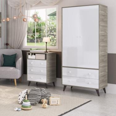 Imagem de Quarto De Bebê Completo Roupeiro 2 Portas 2 Gavetas Com Cômoda 3 Gavetas 1 Nicho Nuvem Móveis Percasa Fresno/branco
