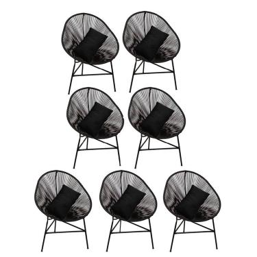 Imagem de Kit 07 Poltrona Cadeira Acapulco Sala Jardim Varanda Preto Com Almofada Quadrada Corino Preto