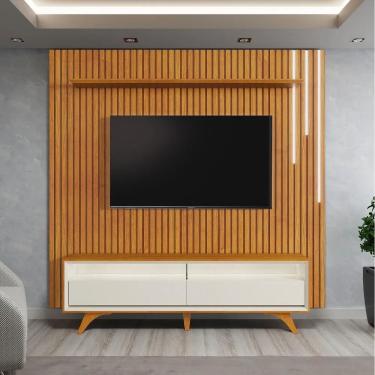 Imagem de Painel Com Rack Ripado E Prateleira Led Cascata Paris 75" Cor:nature/off