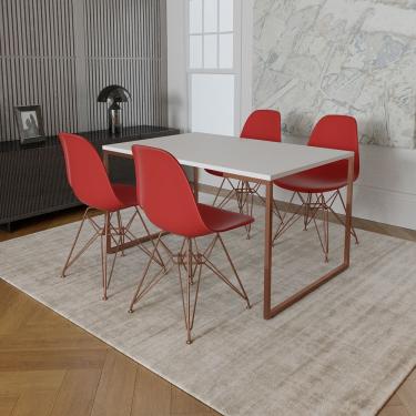 Imagem de Mesa Industrial Base Ferro Cobre 137X90 Tampo Branco 4 Cadeiras Eiffel Ferro Cobre Assento Vermelho