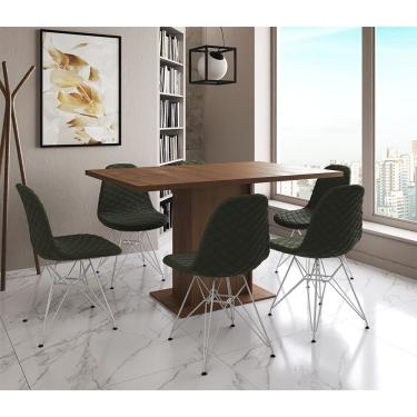 Imagem de Mesa Jantar Londres Retangular Amêndoa 137X90Cm 6 Cadeiras Estofadas Verde Ferro Branco