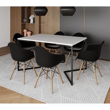 Imagem de Mesa Jantar Industrial Branca Retangular 137X90Cm Base V Ferro Preto Com 6 Poltronas Pr Cor: Branco