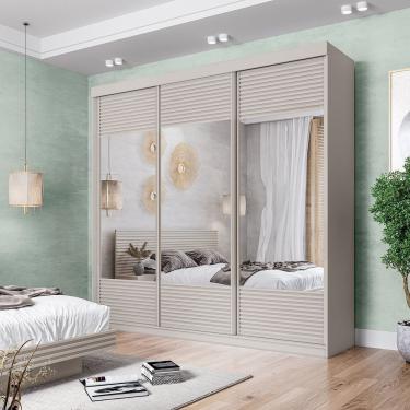Imagem de Guarda-roupa Casal 3 Portas De Correr Ripadas Com Espelho Samambaia Cabecasa Off White