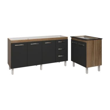 Imagem de Cozinha Balcão Armário Gabinete De Pia 150 Cm Deise E Balcão Fran Para Fogão Cooktop 5 Bocas Savana Preto