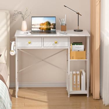 Imagem de DAOUTIME Mesa branca para computador, mesa pequena de 91 cm com gavetas, mesa de escritório em casa com prateleiras de armazenamento para quarto, sala de estar, dormitório, penteadeira para espaços