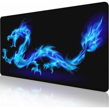 Imagem de Mouse pad grande para jogos com bordas costuradas, tapete de mesa com teclado estendido, base de borracha antiderrapante para laptop, escritório, casa, dragão azul de 31,5 x 15 cm