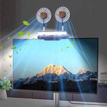 Imagem de THRRLY Ventilador de monitor com luzes, 2 cabeças giratórias, ventiladores de mesa de escritório de 3 velocidades, ventilador de resfriamento USB para laptops e desktop. (azul)