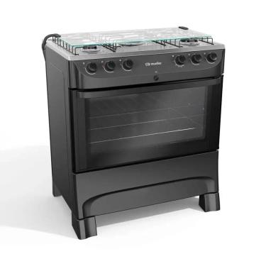 Imagem de Fogão 5 Bocas a Gás Mueller com Acendimento Automático e Forno 81,6L Preto Bivolt - MFI5BB
