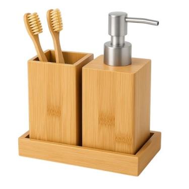Imagem de Kit 3 peças Banheiro Bambu luxo porta sabonete Escova dente - Marca