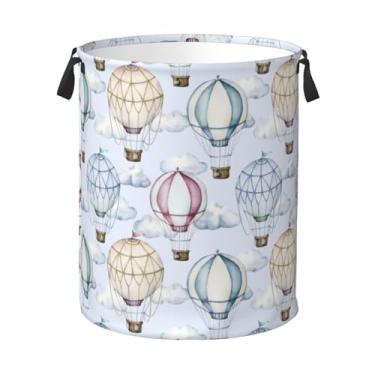 Imagem de Jbofyee Balões de ar quente e nuvens em aquarela com forro à prova d'água – cesto de roupa redonda dobrável organizador de armazenamento de roupas para banheiro, quarto, berçário, dormitório, P - 41 x