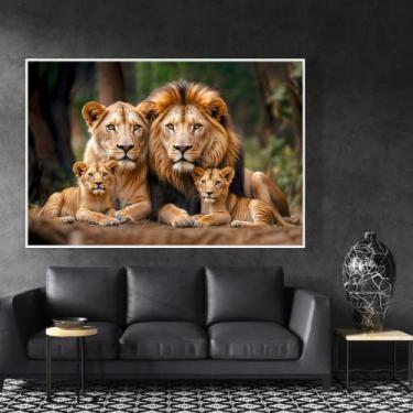 Imagem de Quadro Decorativo Retrato Leão e Sua Família com dois filhotes - MeMol