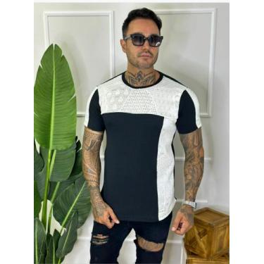 Imagem de Camiseta long com detalhe em renda preta e branca - Gm fashion, M