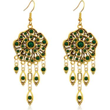 Imagem de Ricarmo Brincos femininos boêmios delicados vintage em forma de gota de cristal dourado com pingente leve de liga retrô com franja e flor, 2.44inch, Metal, Sem pedra preciosa