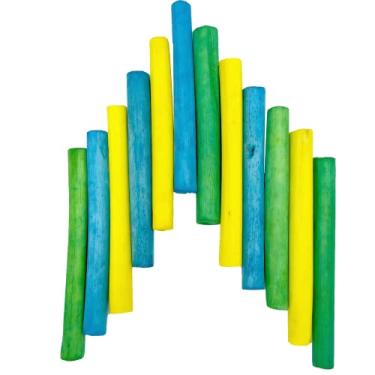 Imagem de 5517 Skinny Rainbow Sola Logs Pk12 Mandarim Bird Toys da M&M - Toras de madeira natural secas e secas ao ar, brilhantemente coloridas com tinta segura para animais de estimação, leve, encantamento de forragem para trituração e pequenos animais de estimação