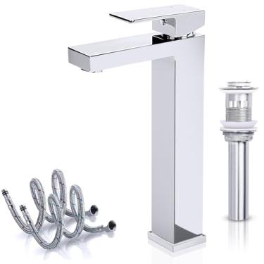 Imagem de Abelloly Torneira de banheiro alta de latão sólido cromado, torneira de pia de vaso com certificação cUPC e CEC 1 furo, torneira de barra misturadora com dreno pop-up e mangueiras de abastecimento de