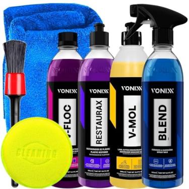 Imagem de Kit Vonixx Limpeza Pesada Tira Barro V-Mol Shampoo V-Floc Restaurax Cera Blend Pincel Detalhamento Aplicador Toalha