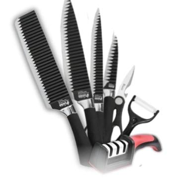 Imagem de Conjunto de Facas de Aço Inoxidável com Revestimento Antiaderente - 6 Peças + Amolador Profissional | Facas de Alta Precisão para Cozinhas Modernas