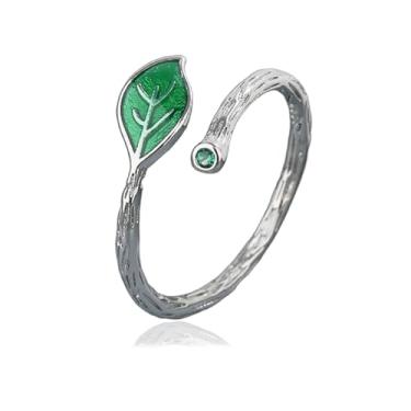 Imagem de Anel de compromisso feminino com ramo de folha verde esmaltado, banhado a prata, folhas gravadas, empilháveis, abertas, anéis de dedo ajustáveis, expansíveis, ajuste confortável, minimalista, joia de