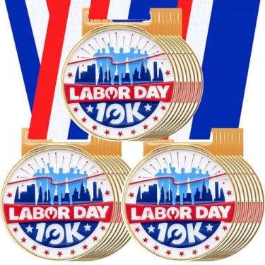 Imagem de Loetere 24 peças de medalhas de corrida 10K em massa 5.1 cm Medalhão de corrida troféu com fitas vermelhas azuis brancas suprimentos para o dia do trabalho para competições esportivas de competição de