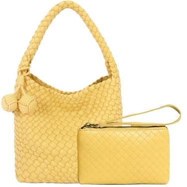 Imagem de DSGUTWO Bolsa feminina com alça superior tecida, bolsa Hobo pequena com mini bolsa, bolsa de viagem para praia, bolsa de ombro artesanal de designer (amarelo frango), Amarelo galinha