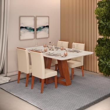 Imagem de Conjunto Sala de Jantar 4 Cadeiras Tampo Sem Vidro 170x90 DJ Móveis Kiara Freijó Quartzo Yasmin Linho Neve