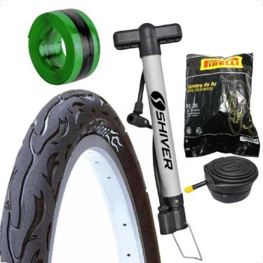 Imagem de  Pneu Bicicleta Kenda Flame Balão Aro 26 x 2.125 Liso Fogo + Camara Pirelli Bomba de ar fita