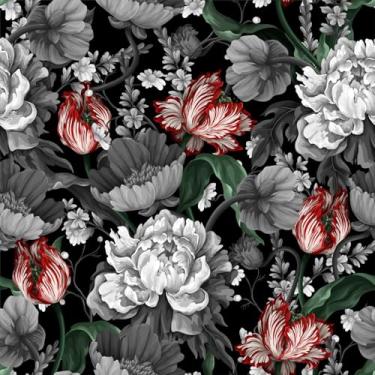 Imagem de COKCOKR Papel de parede floral preto/vermelho, 45 x 300 cm, papel de parede peônia preto e branco, papel de parede autoadesivo para sala de estar, quarto, banheiro, armário de parede