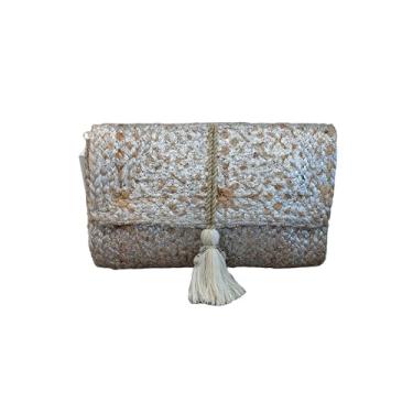 Imagem de Bolsa clutch Lily Jute Metallic Stripe Print Bohemian Hipster Beach Wedding Natural Boho Summer Handmade in India, Borla prateada