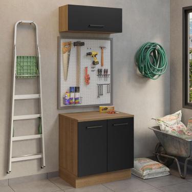 Imagem de Kit com Balcão e Armário Aéreo Multiuso 80cm Rustic/Preto Agata Madesa