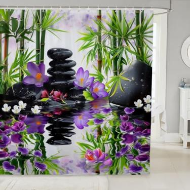 Imagem de Cortina de banho com pedras, flor de lótus roxa, folhas verdes, cortina de chuveiro para crianças, meninos, meditação, natureza morta, painel impermeável natural com ganchos para barracas, 182 cm L x