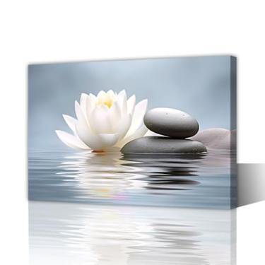 Imagem de LURENCZH Arte de parede em tela de lótus branco pedra zen e flor de lótus decoração de parede pinturas azuis para fotos de banheiro yoga spa decoração de quarto emoldurado (Zen-3,12 cm x 45,7 cm)