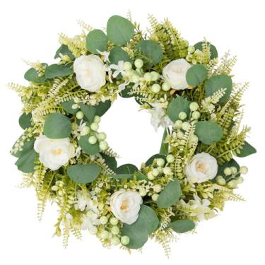 Imagem de IPLNTS Guirlandas de primavera e verão para porta da frente artificial rosa eucalipto bagas verde guirlanda de primavera verão guirlanda de porta para casa de fazenda, festivais de casamento, festa