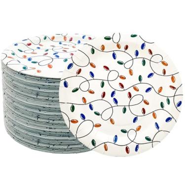 Imagem de HSPAIDYP 50 peças de pratos de papel de luzes de Natal, suprimentos de festa de Natal, 17,78 cm, pratos de festa de ano novo, pratos de sobremesa pequenos para decoração de festas de Natal e Natal