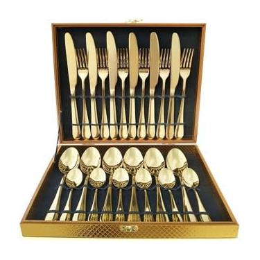 Imagem de Faqueiro Inox 24 Peças com Maleta – Talheres Dourados Luxo para Mesa Posta Elegante