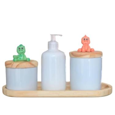 Imagem de Antilope Decor Porcelanas, Kit higiene bebê 4 peças Dinossauro - Bandeja e potes - Peças porcelana bandeja e tampas pinus