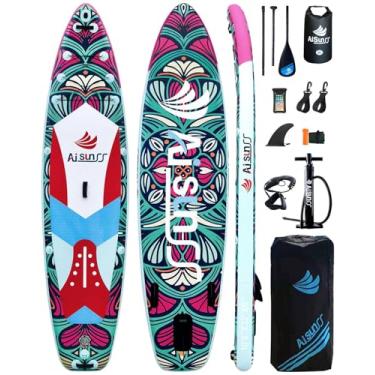 Imagem de AISUNSS Prancha inflável para adultos, pranchas infláveis de stand up paddle com acessórios de prancha de SUP premium e bolsa de transporte, postura ampla, deck antiderrapante, trela, remo