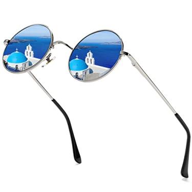 Imagem de AIEYEZO Óculos de sol redondos retrô para homens e mulheres óculos de sol polarizados modernos vintage pequenos óculos de sol redondos, Espelhado prata/azul, MM