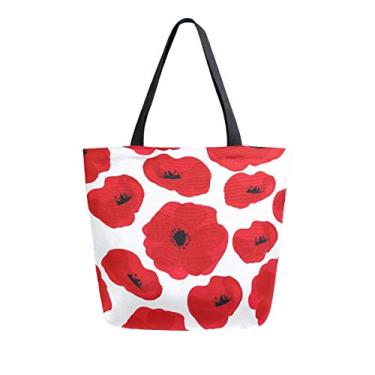 Imagem de Naanle Bolsa de lona grande feminina casual bolsa de ombro, Papoula vermelha, 15.7in (H) x19.7in (L) x 5.1in (W)