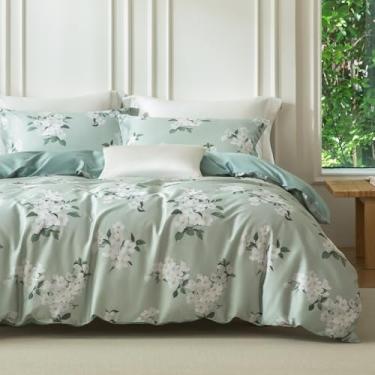 Imagem de MILDLY Conjunto de capa de edredom tamanho casal 100% algodão de fibra longa luxo verde sálvia floral patten reversível conjunto de capa de edredom 3 peças