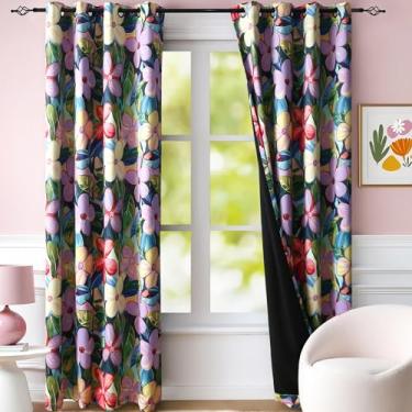 Imagem de Cortinas blackout florais tropicais de 224 cm de comprimento com bloqueio de calor cortinas de flor de hibisco roxo brilhante com laços para sala de estar cortinas coloridas lavanda ilhós havaiano